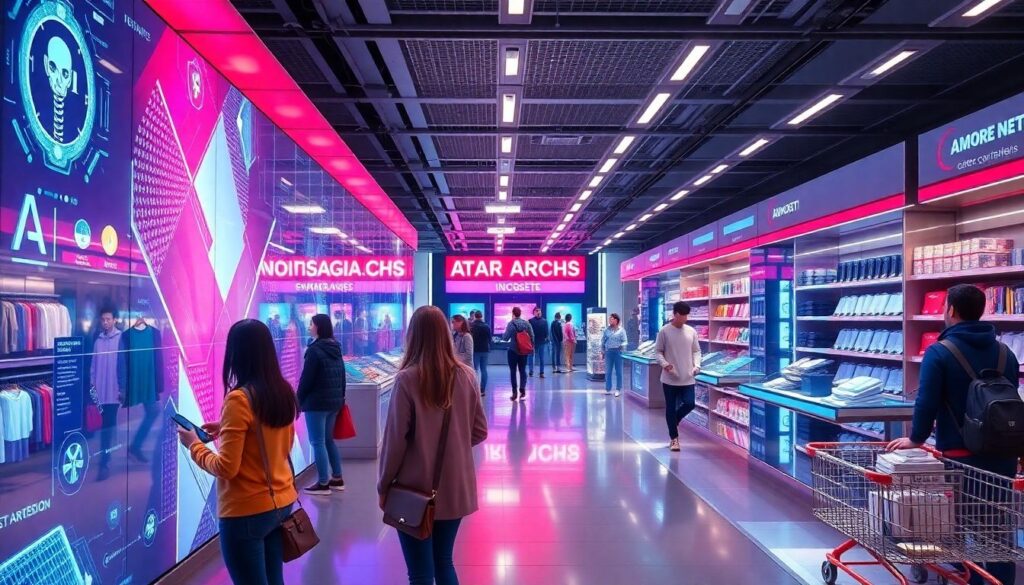 Create an image of a futuristic shopping experience where customers interact with AI-powered digital displays, use mobile checkout, and enjoy seamless contactless payments.