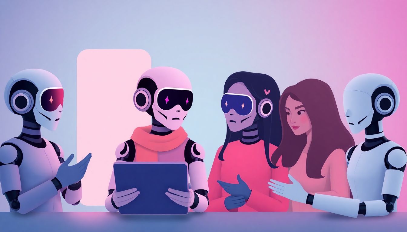 Design an image of various AI characters interacting on social media platforms, with a subtle, quiet color palette to represent their initial low-key presence.