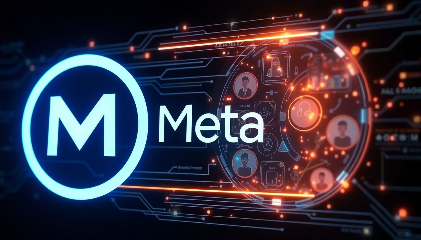Design an image of Meta's logo transitioning into a futuristic AI interface, with users engaging with AI profiles in a more transparent and controlled manner.