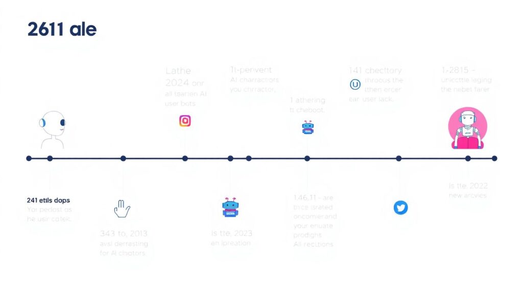 Create an illustration showcasing a timeline with key events marked, starting from the launch of AI characters in late 2023 to their removal after user backlash. Include icons representing social media platforms, AI chatbots, and user reactions.