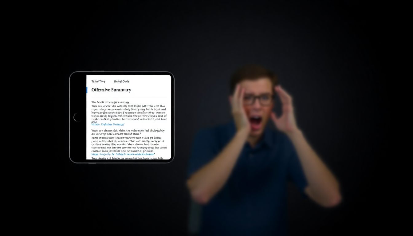Design an image showing a smartphone screen with a Fable app interface displaying an offensive reader summary, with a user looking shocked and upset.