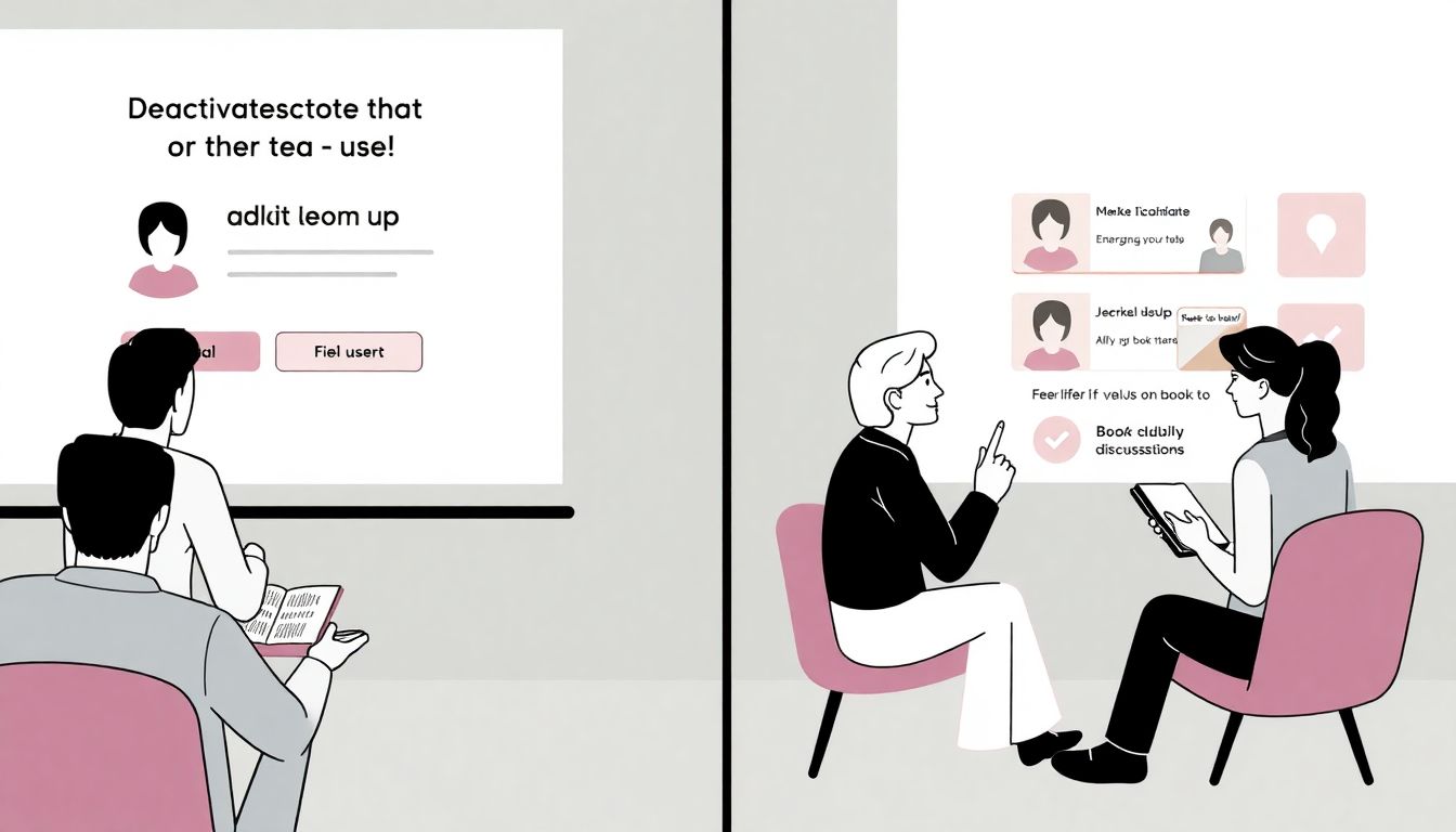 Illustrate a split screen with one side showing users deactivating their Fable accounts and the other side showing users engaging in book club discussions on the app.