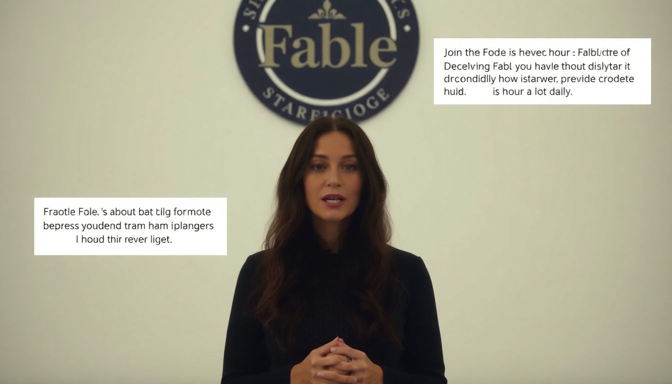 Create an image of a Fable representative addressing the public in a video, with text overlays of their apology and planned actions.