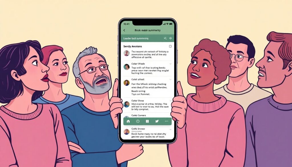 Create an engaging image that depicts a book tracking app interface with AI-generated reader summaries, showing a diverse range of users reacting with surprise and disappointment to offensive content.