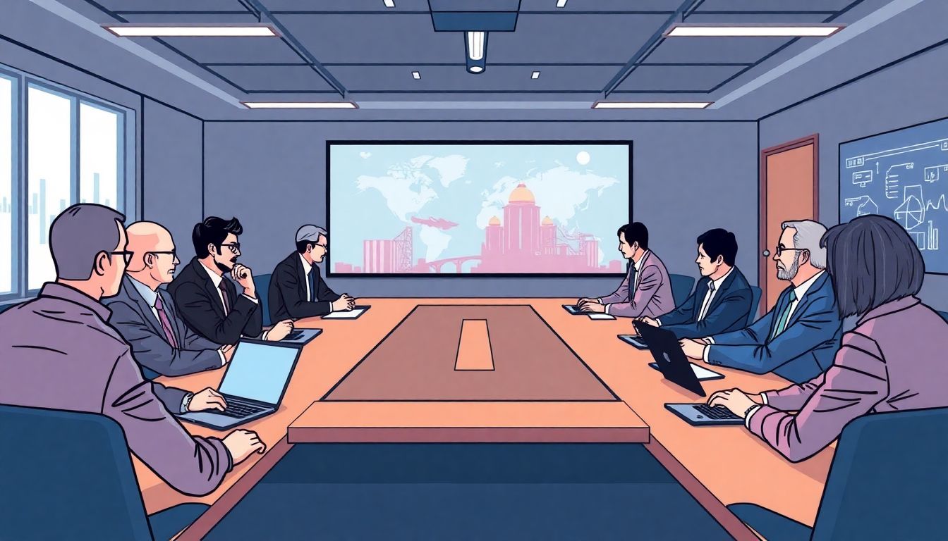 Illustrate a meeting room with tech industry leaders discussing strategies to navigate potential tariffs and trade tensions, with a focus on the impact on the US market.