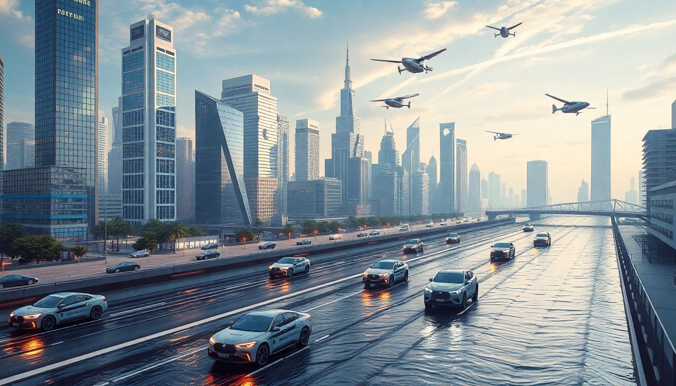 Create an image of a futuristic cityscape with various autonomous vehicles, including self-driving cars, boats, and even flying cars, navigating the streets and skies.
