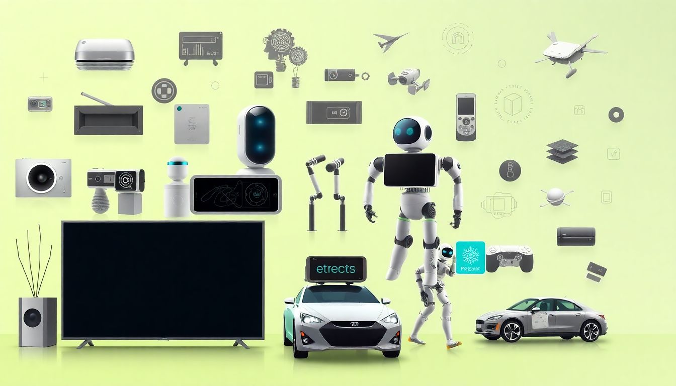 Design an image showcasing a variety of AI-powered gadgets, such as smart home appliances, robots, and AI-enhanced vehicles, with a focus on Nvidia's innovations.