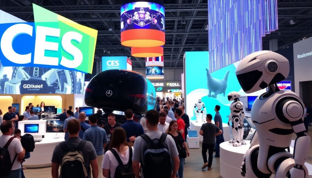 Create an image of a bustling CES show floor with AI-powered gadgets, autonomous vehicles, and futuristic robots on display, with attendees eagerly exploring the latest tech innovations.