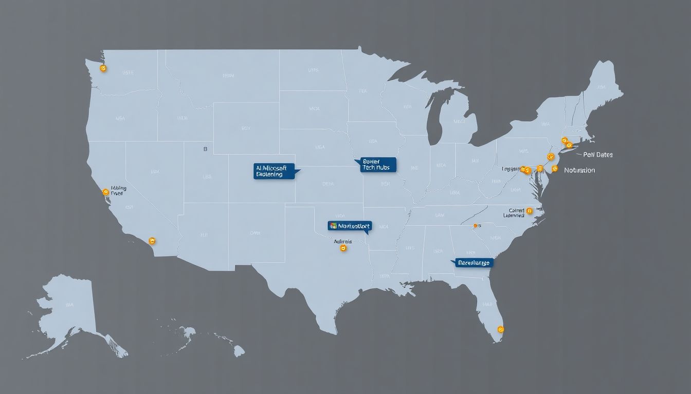 Generate a map of the United States highlighting major tech hubs and Microsoft's data center locations, with a focus on AI development.