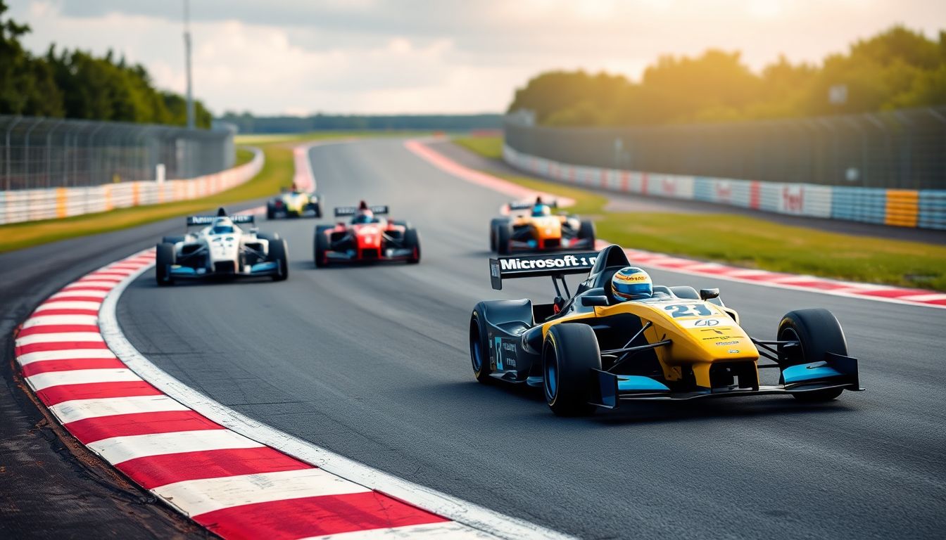 Create an image of a race track with tech company logos as competitors, with Microsoft and OpenAI in the lead.