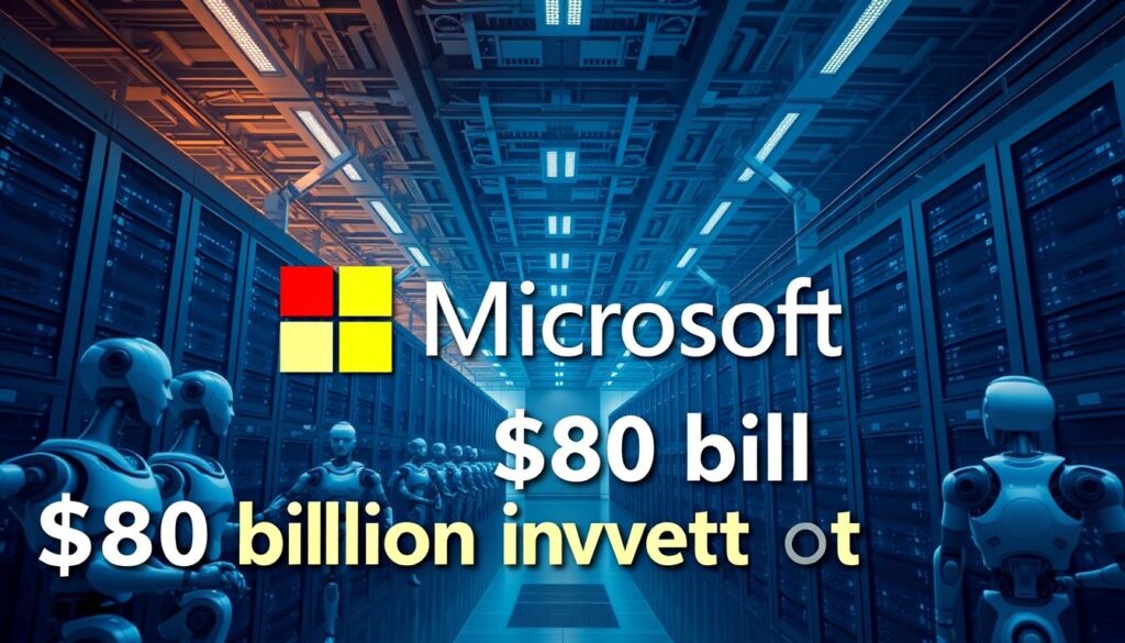 Generate an image of a futuristic data center with AI-powered robots and vast server racks, highlighting Microsoft's logo and the $80 billion investment figure.
