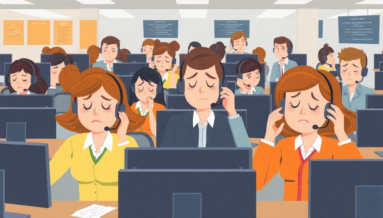 Illustrate a busy customer service center with employees handling multiple calls, showing signs of stress and fatigue.
