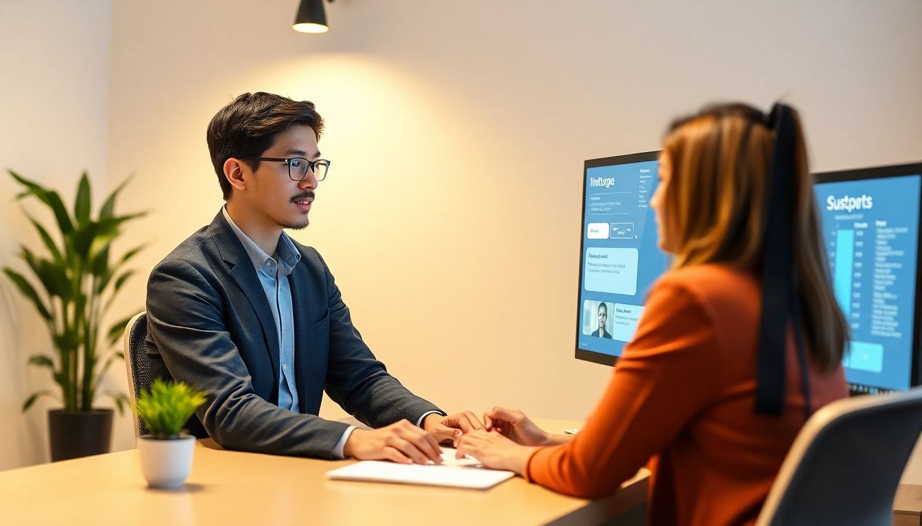 Create an image of a trainee using iRolePlay, engaging in a simulated conversation with an AI-generated customer on a computer screen.