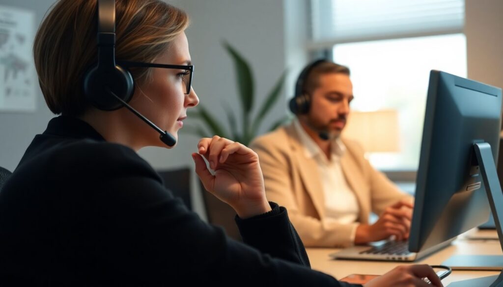 Create an image of a customer service representative calmly handling a difficult customer over the phone, with an AI interface providing real-time guidance and support.