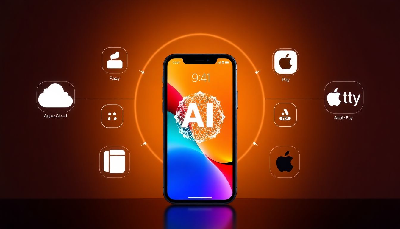 Create an image of an iPhone displaying futuristic AI features, surrounded by various Apple services like iCloud, Apple Pay, and Apple TV+, all integrated with AI functionalities.
