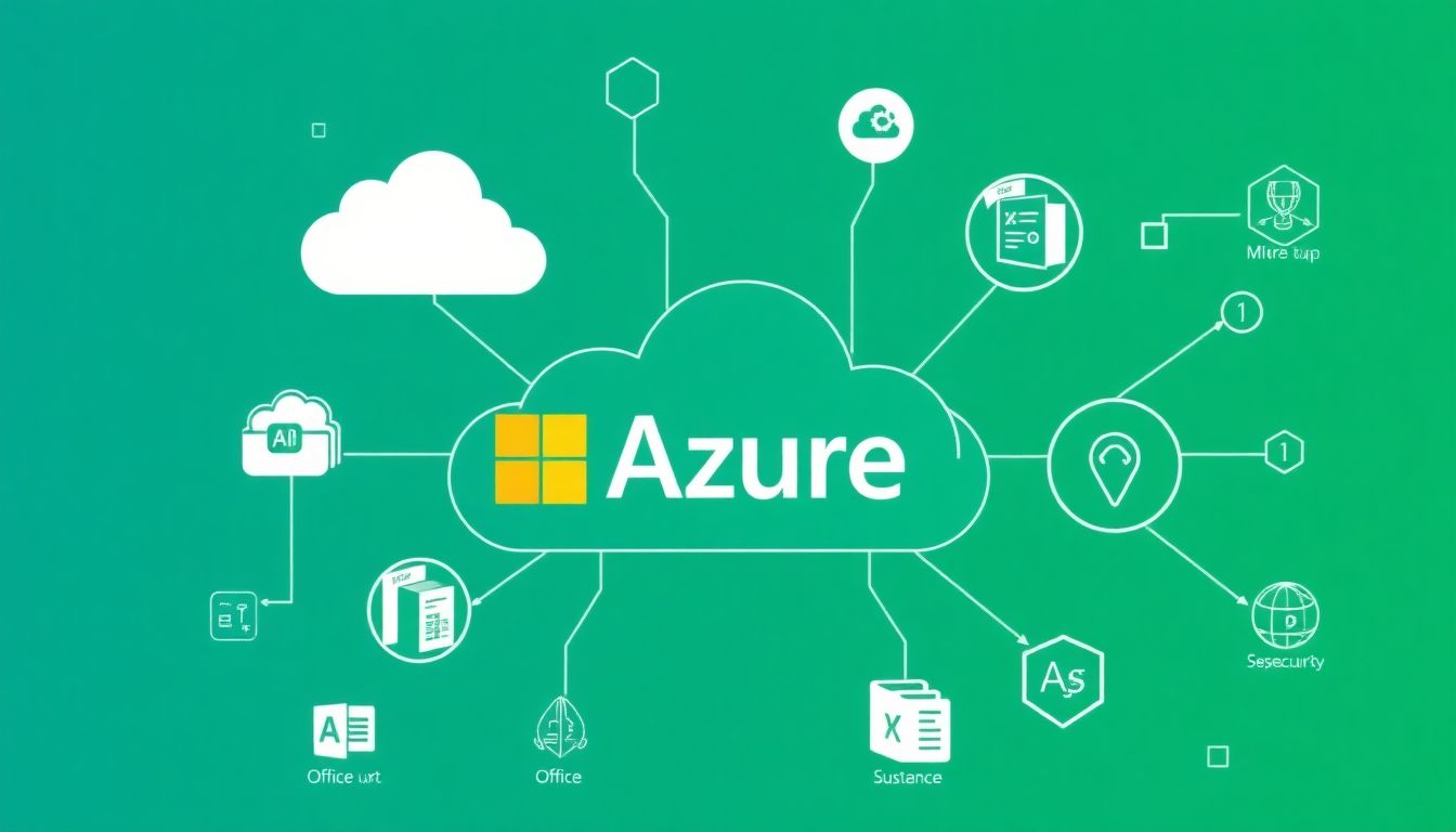 Generate an image of Microsoft's Azure cloud platform with AI-driven applications and services, surrounded by Office productivity tools and cybersecurity icons, all interconnected by AI technology.