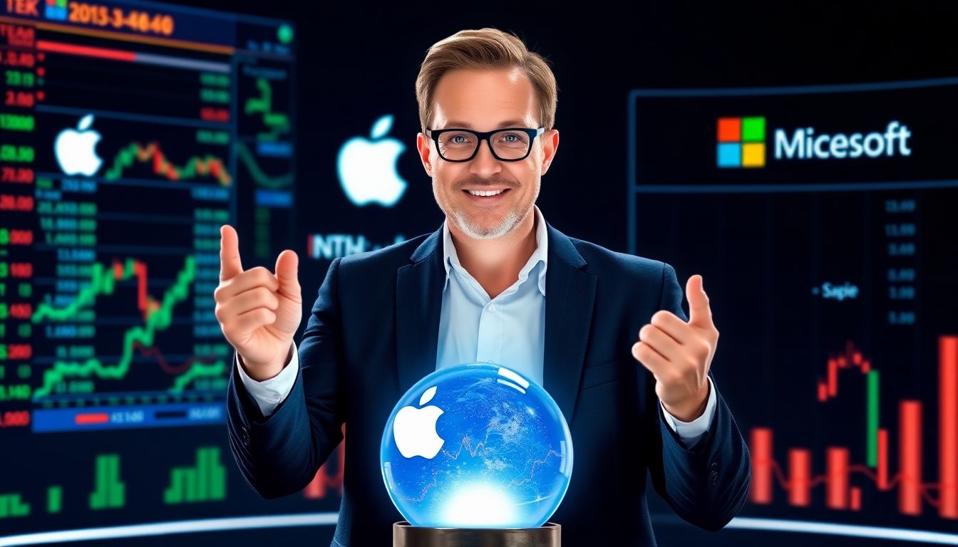 Generate an image of Dan Ives standing confidently with a crystal ball showing tech stock charts and the logos of Apple and Microsoft.