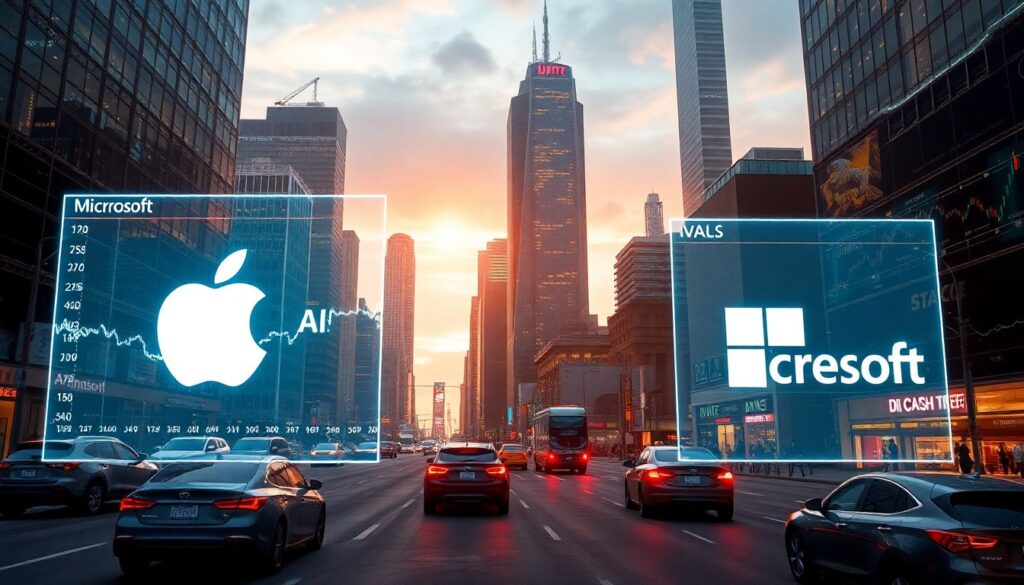 Create an engaging image of a futuristic cityscape with holographic stock market charts showing Apple and Microsoft logos prominently displayed, surrounded by AI-driven technologies like self-driving cars, smartphones with AI assistants, and cloud computing data centers.