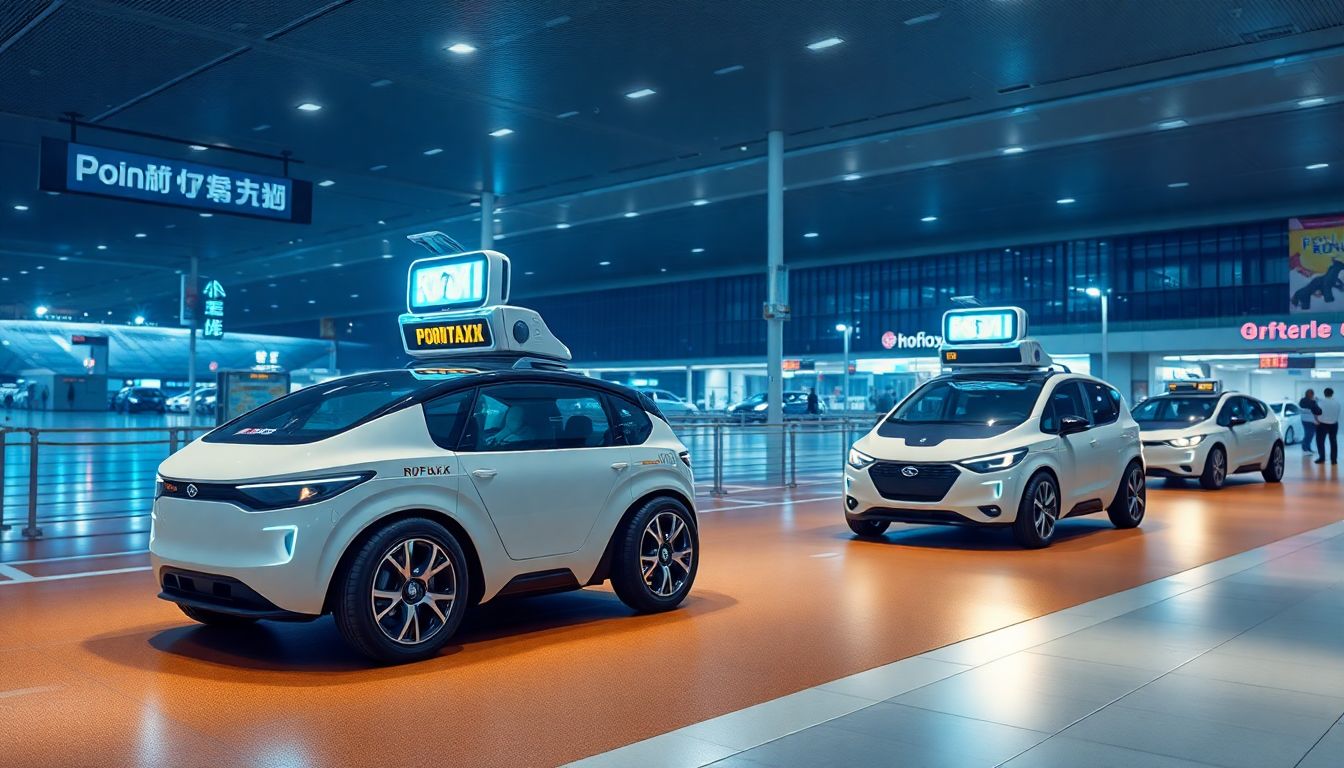 Design an image of Pony.ai's robotaxis operating at the Hong Kong International Airport, with futuristic vehicles and advanced technology on display.