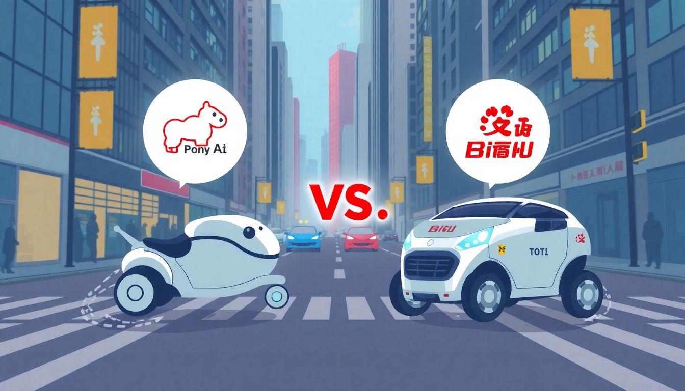 Illustrate a competitive race between Pony.ai and Baidu's robotaxis on the streets of Hong Kong, with both companies' logos prominently featured.