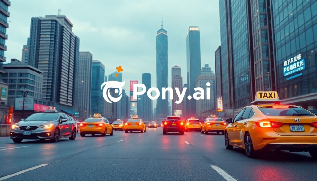 Create an image of a futuristic cityscape with robotaxis seamlessly navigating the streets, highlighting Pony.ai's logo and the Hong Kong skyline in the background.