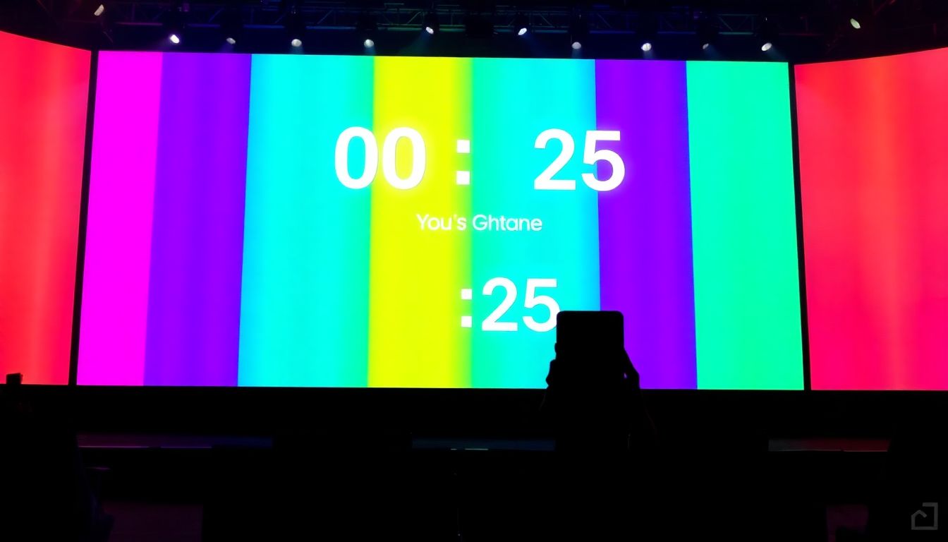 A vibrant event stage with a countdown timer and a silhouette of the Galaxy S25.