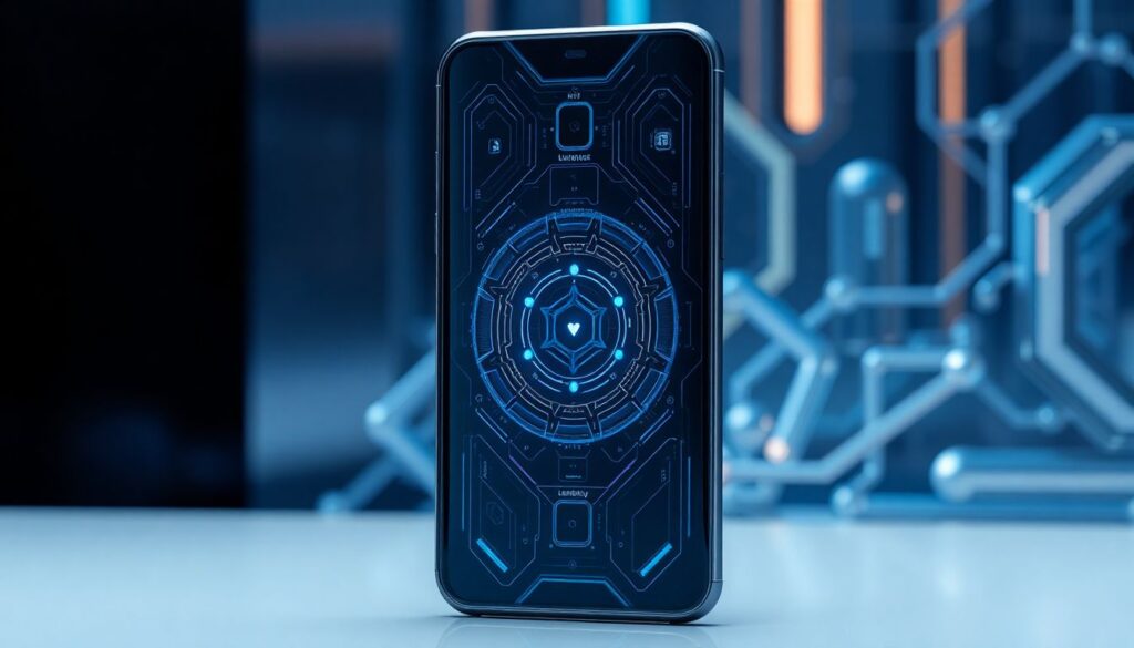 A futuristic smartphone with advanced AI capabilities, sleek design, and powerful hardware, standing out against a backdrop of modern technology.
