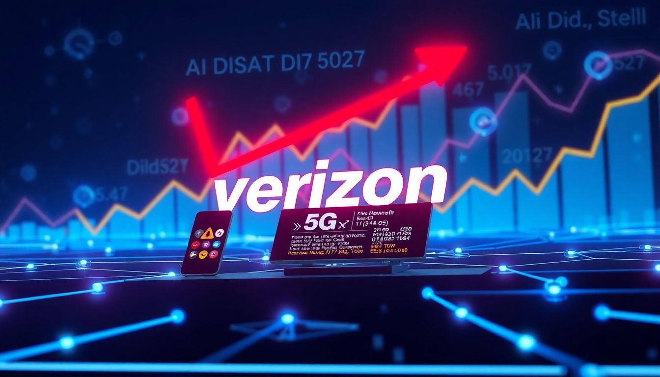 A depiction of Verizon's 5G network supporting AI-powered devices with a backdrop of rising dividend charts.