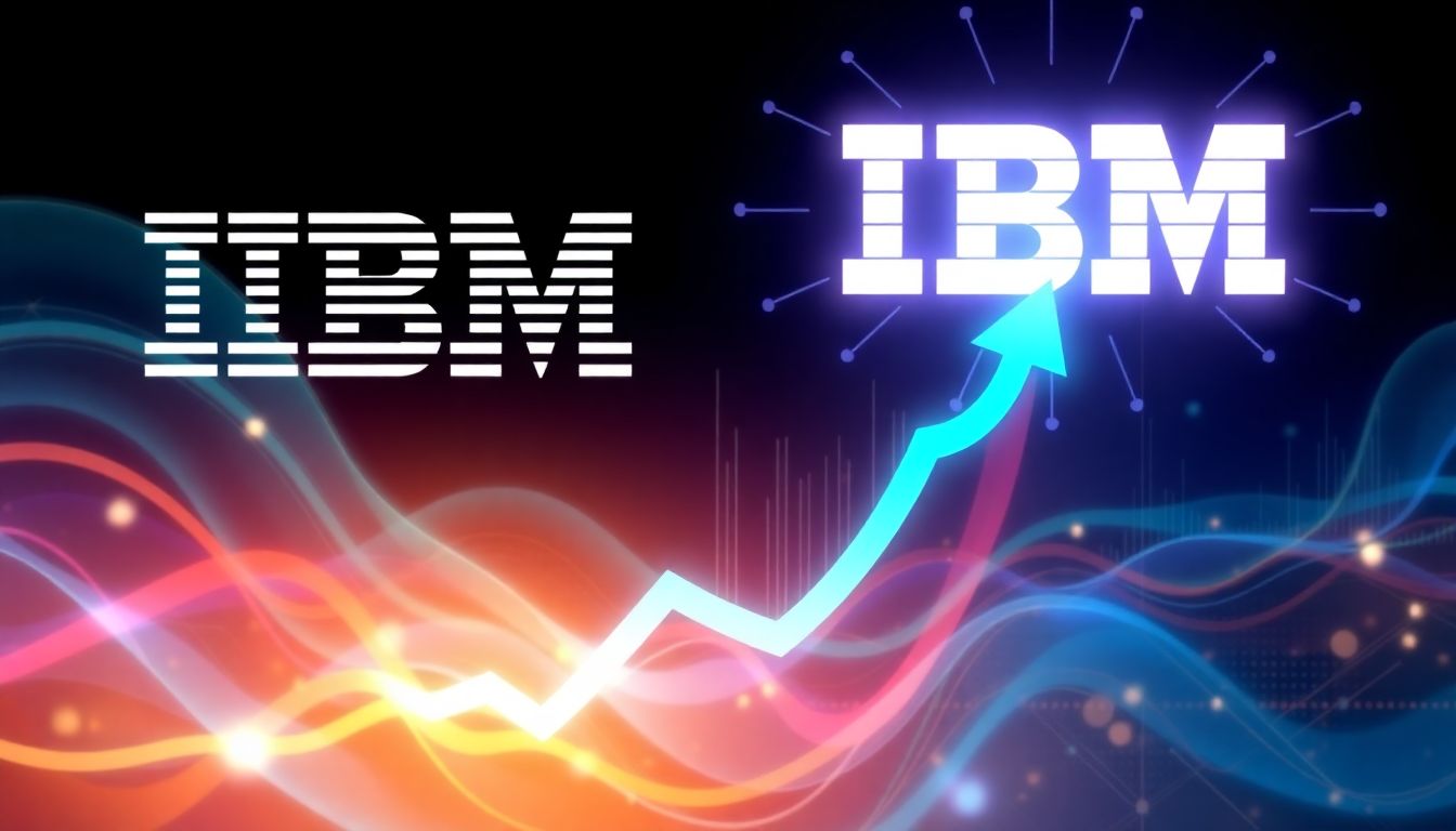 A modern, vibrant illustration of IBM's AI and quantum computing technologies with a rising stock chart.