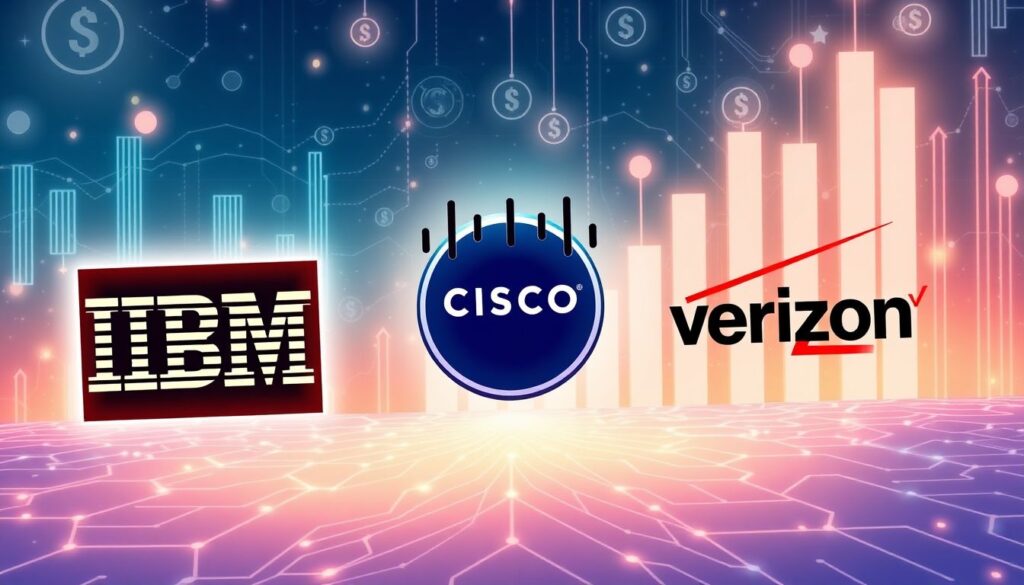 An illustration showcasing the futuristic AI technologies of IBM, Cisco, and Verizon with a backdrop of dividend charts rising.