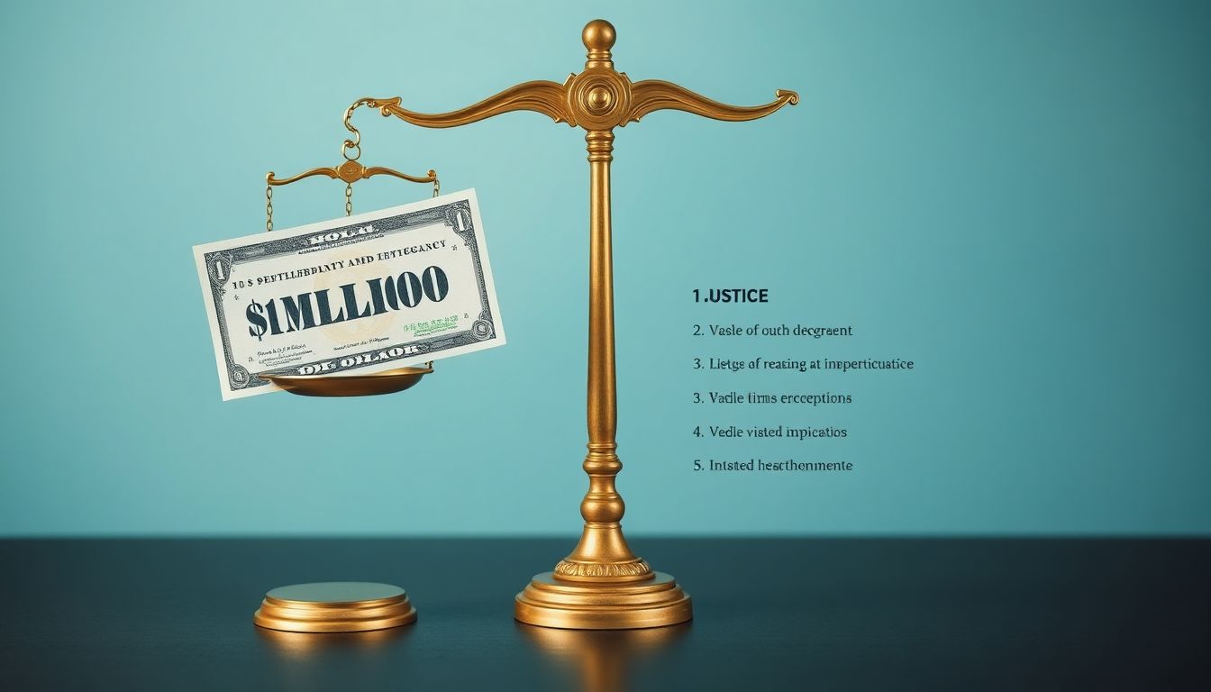 Create an image of a scale of justice with a $1 million bill on one side and a list of restrictions on the other, representing the settlement and its implications.