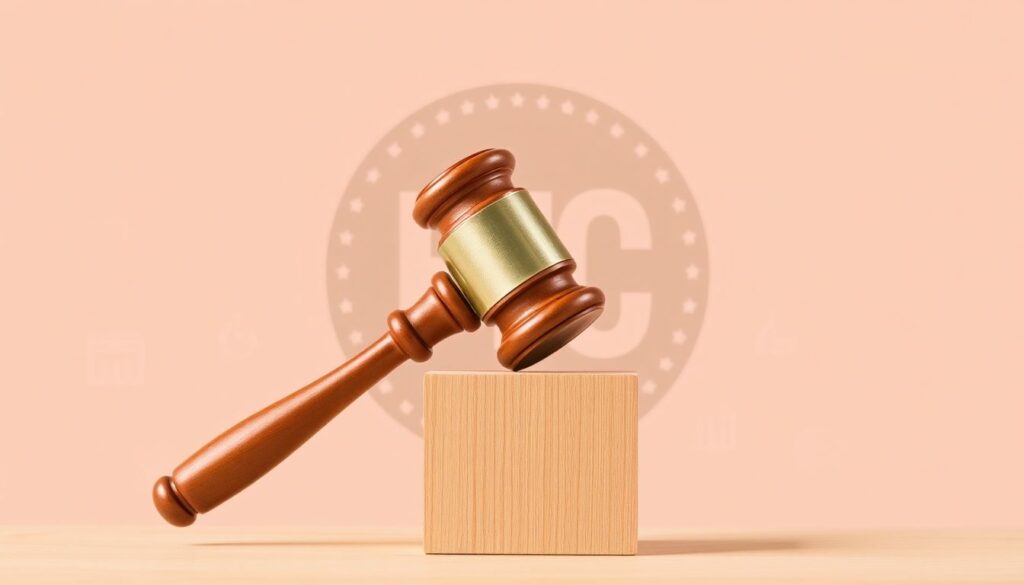 Create an image of a gavel striking a block with the FTC logo in the background, surrounded by icons of AI, websites, and accessibility symbols to represent the legal action taken against deceptive AI accessibility claims.