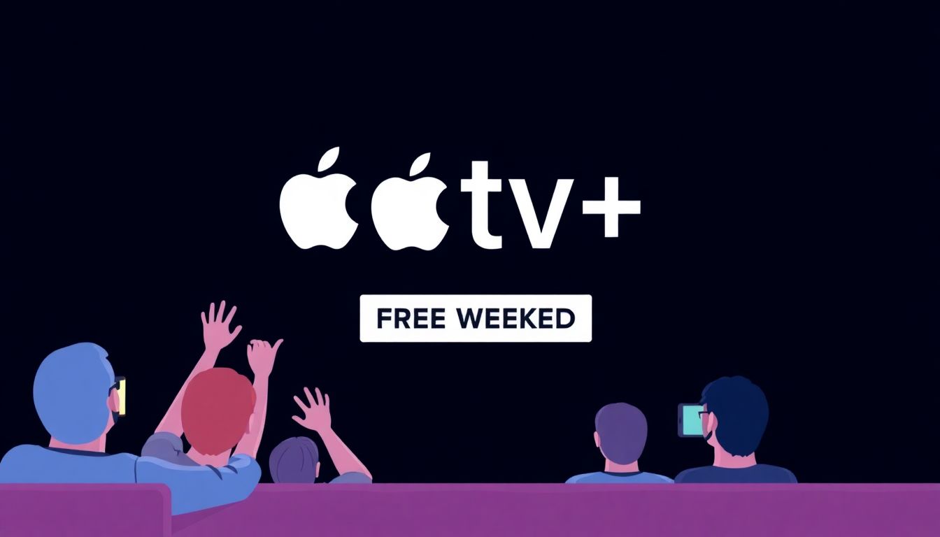 An illustration of the Apple TV+ logo with a 'Free Weekend' banner and excited viewers watching on various devices.