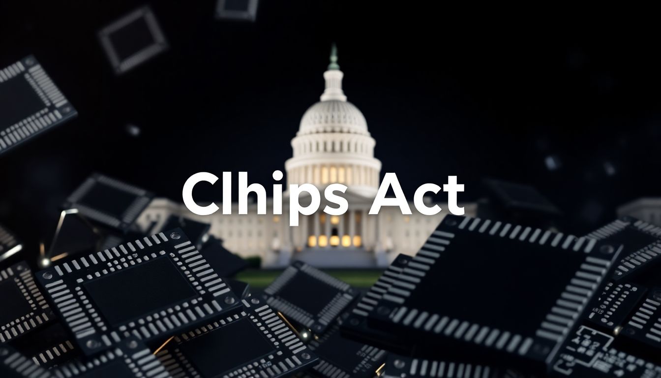 A dynamic image of semiconductor chips with the U.S. Capitol building in the background, symbolizing the Chips Act and federal funding.