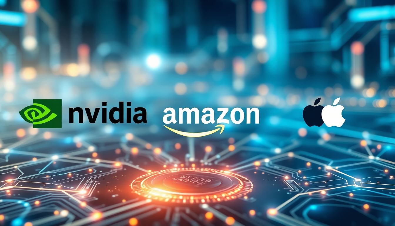 A futuristic image of AI-driven technology with logos of Nvidia, Amazon, Alphabet, and Apple in the background.