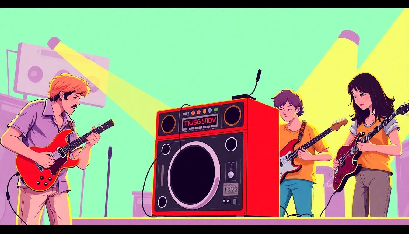 Illustrate a vibrant, retro-style image of the 1980s musical gadget in action, with people enjoying it in a typical 80s setting.