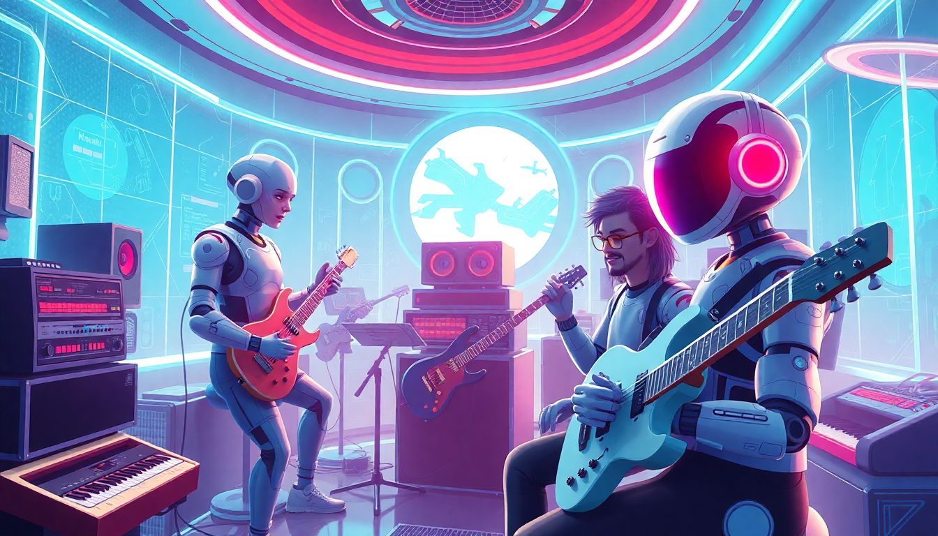 Design a futuristic scene where AI and retro tech coexist harmoniously, showcasing advanced musical instruments and happy users.