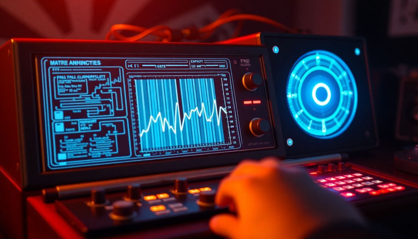 Create an image of an AI interface analyzing and enhancing the vintage musical gadget, with a blend of retro and futuristic elements.