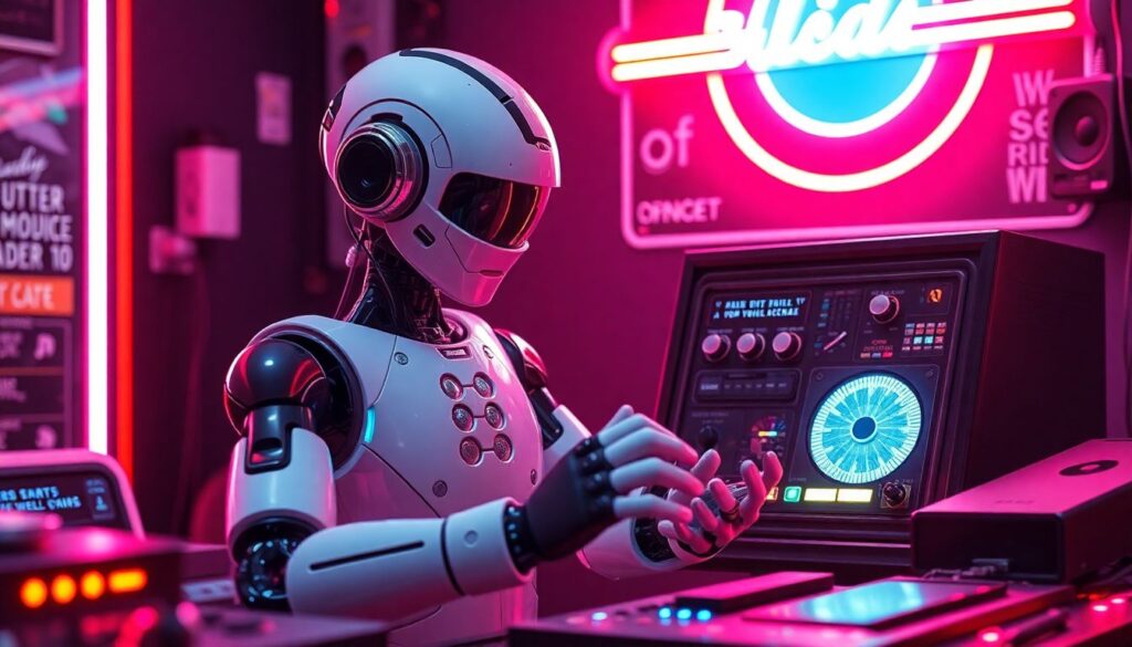 Create an image of a futuristic AI bot playing with a vintage 1980s musical gadget, surrounded by retro neon lights and modern tech elements.