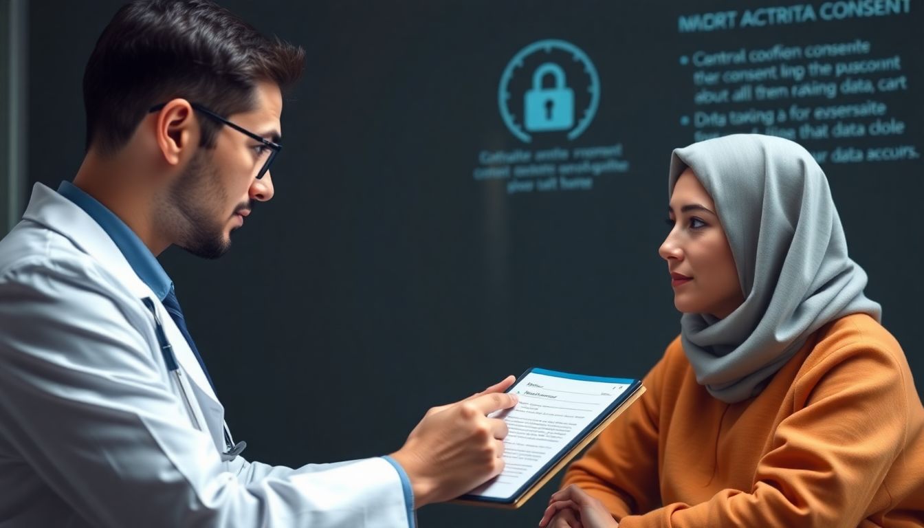 Create an image of a patient giving consent for AI note-taking, with a doctor explaining the process and ensuring data security.