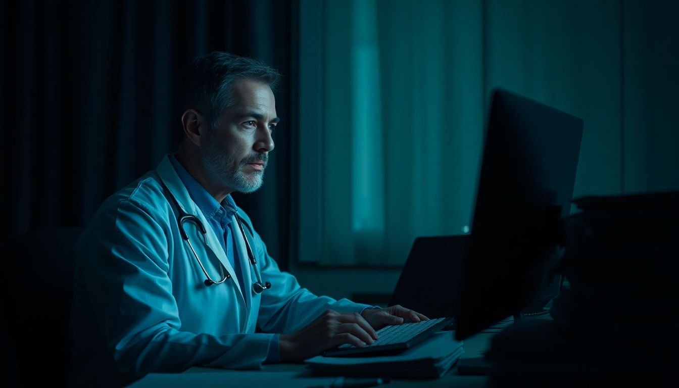 Create an image of a doctor working late at night on a computer, surrounded by stacks of paperwork.