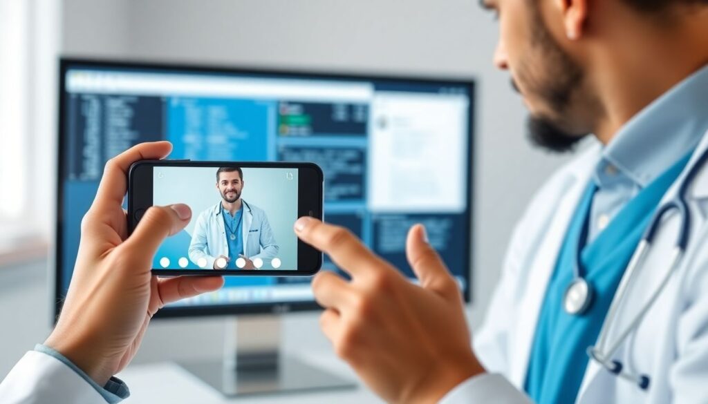 Generate an image of a doctor using a smartphone app to record a patient visit, with AI-generated notes appearing on a computer screen in the background.